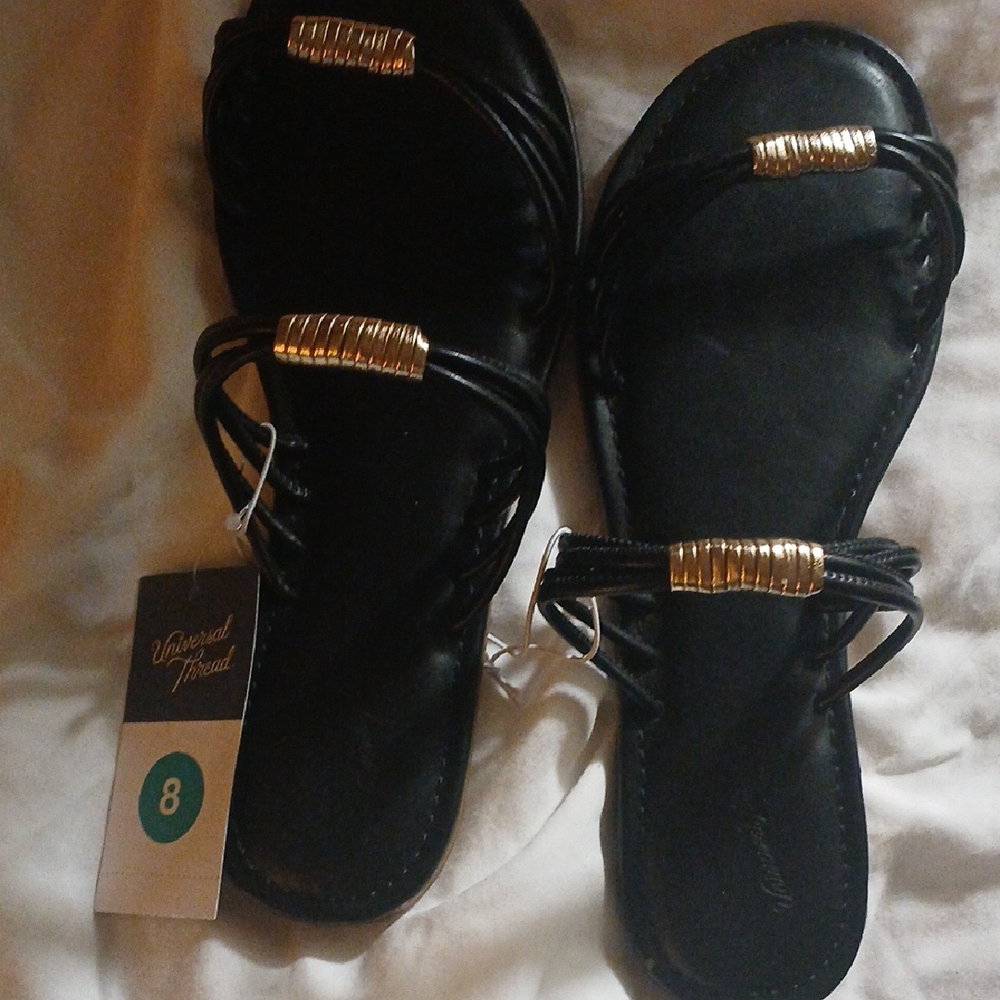 Universal Thread Black Sandals with Gold Details